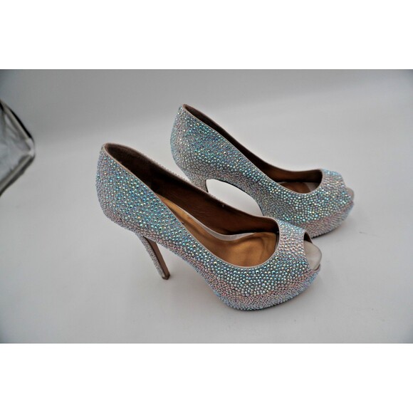 Benjamin Adams London Miami Silver Jewel Encrusted Peep Toe Platform Pumps S 6.5 - Picture 3 of 13